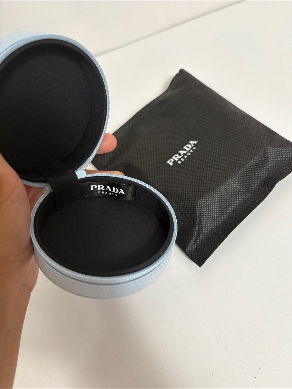 Prada Beauty Round Case with blue wristlet pouch and keychain - Picture 3 of 11